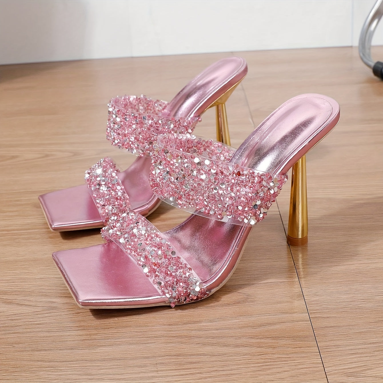 Elegant Pink Glitter High Heel Sandals for Women - Square Toe, Stiletto Heel with Rhinestone Embellishments, TPU Upper & PU Cover Straps, Rubber Sole - Perfect for Summer Parties & Weddings, Fashionable Occasions|Square Toe H